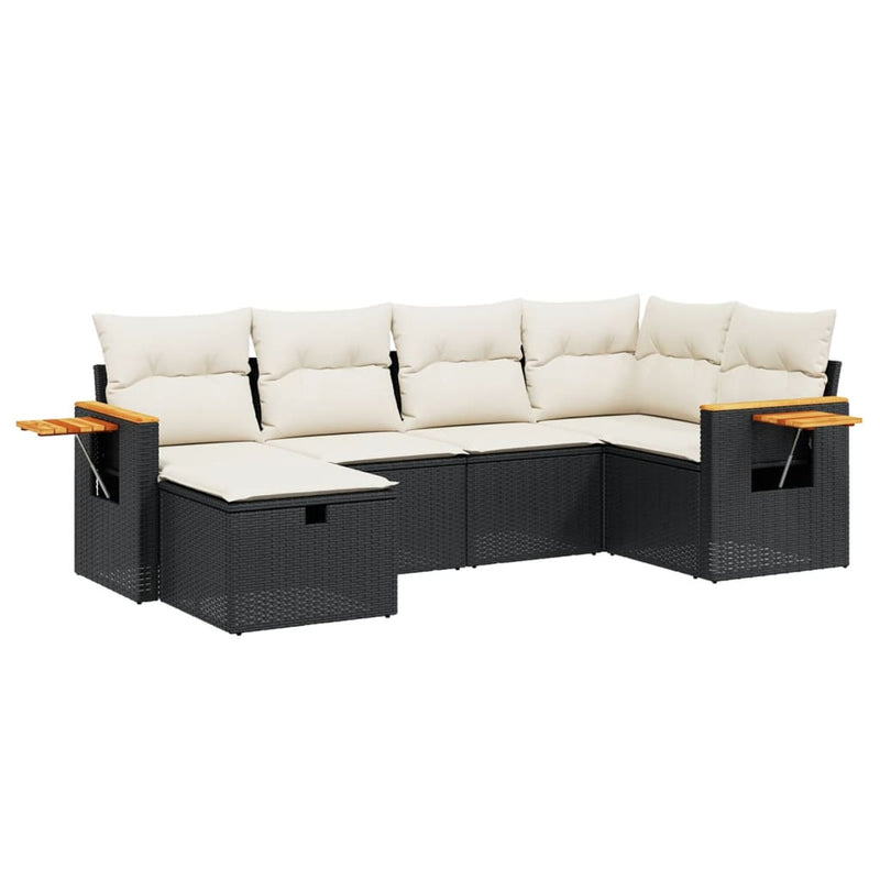 6-delige Loungeset met kussens poly rattan zwart