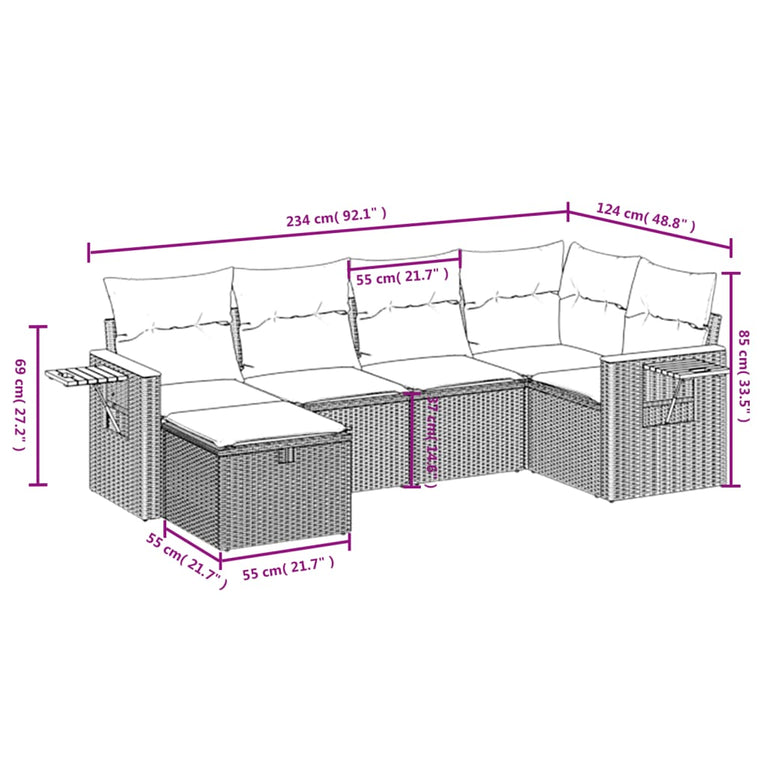 6-delige Loungeset met kussens poly rattan zwart