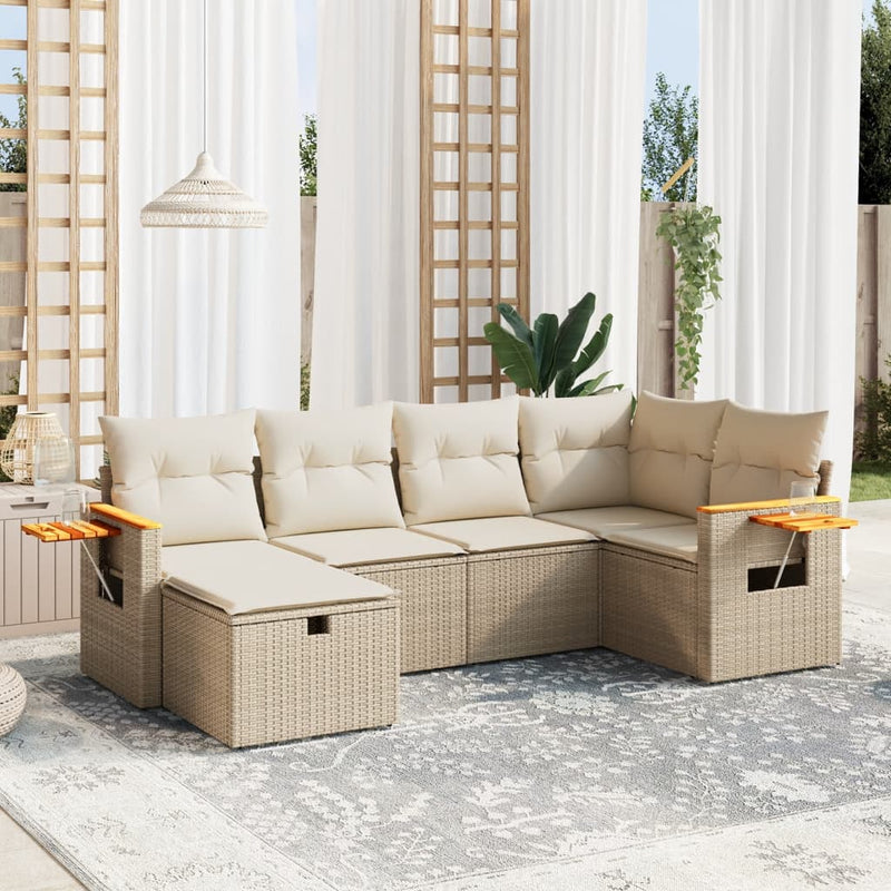6-delige Loungeset met kussens poly rattan beige