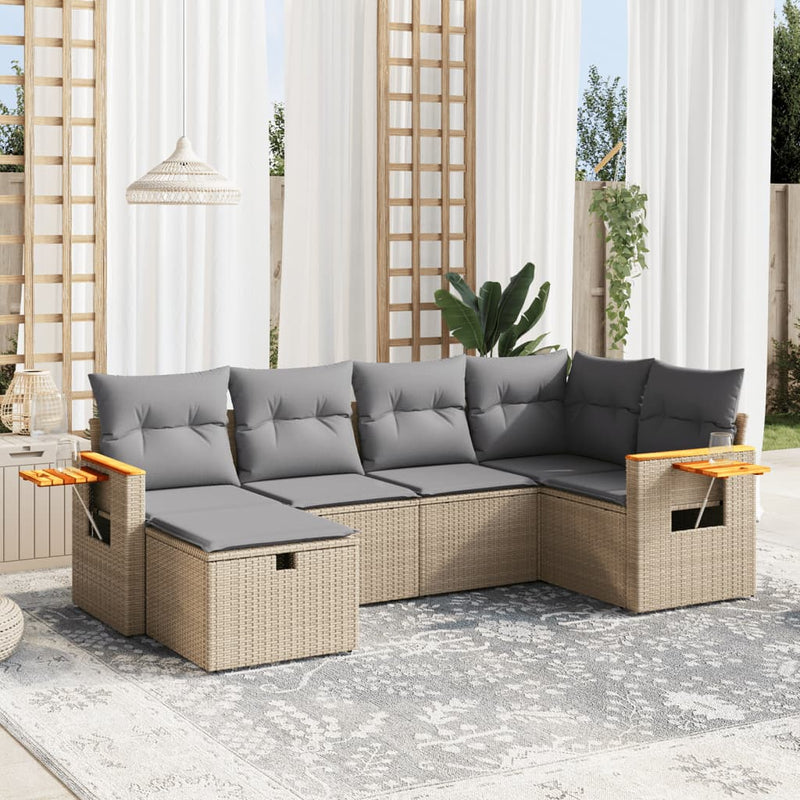 6-delige Loungeset met kussens poly rattan gemengd beige