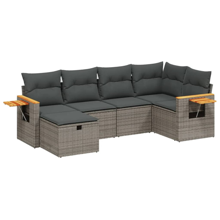 6-delige Loungeset met kussens poly rattan grijs