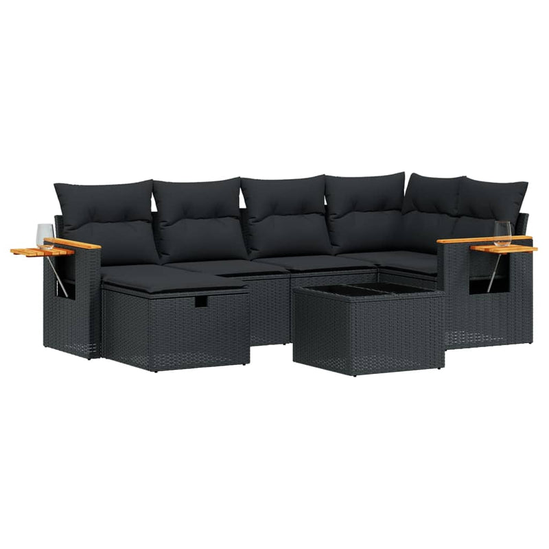 7-delige Loungeset met kussens poly rattan zwart