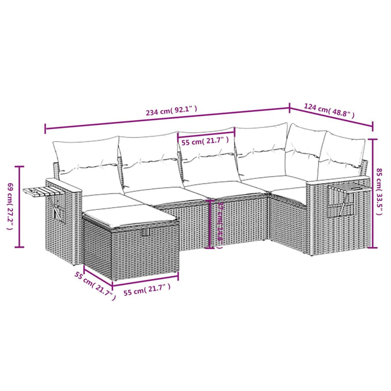 7-delige Loungeset met kussens poly rattan zwart