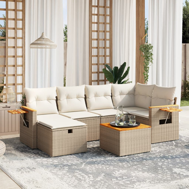 7-delige Loungeset met kussens poly rattan beige