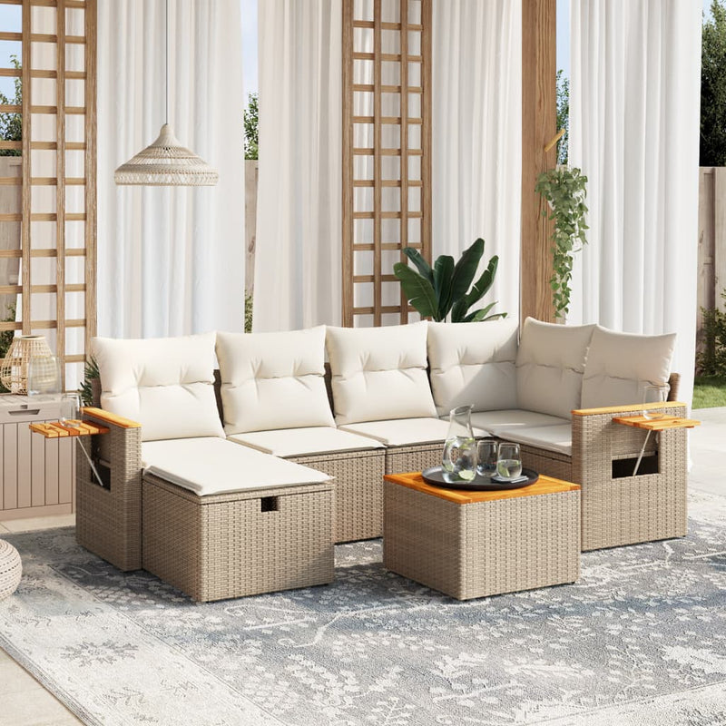 7-delige Loungeset met kussens poly rattan beige