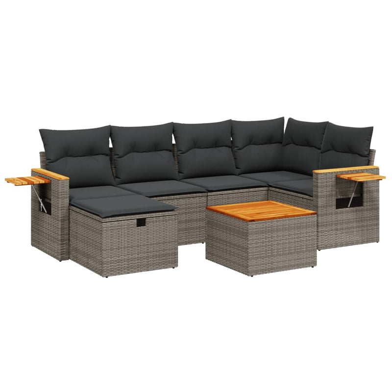 7-delige Loungeset met kussens poly rattan grijs