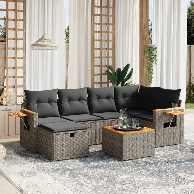 7-delige Loungeset met kussens poly rattan grijs