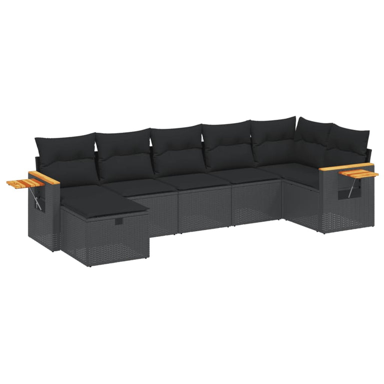 7-delige Loungeset met kussens poly rattan zwart