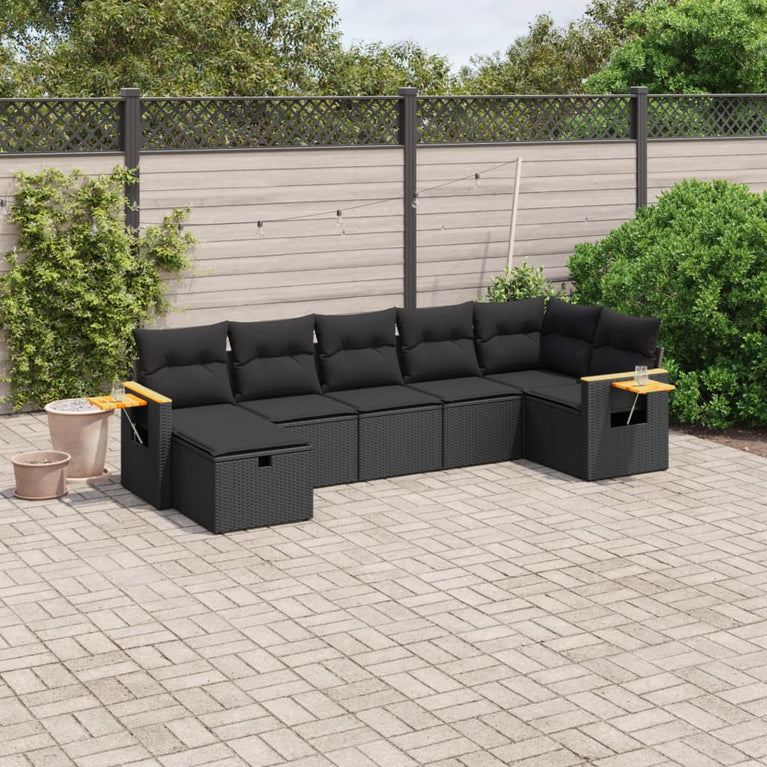 7-delige Loungeset met kussens poly rattan zwart