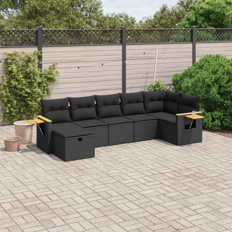 7-delige Loungeset met kussens poly rattan zwart