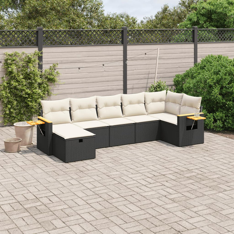 7-delige Loungeset met kussens poly rattan zwart