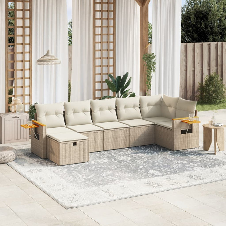 7-delige Loungeset met kussens poly rattan beige