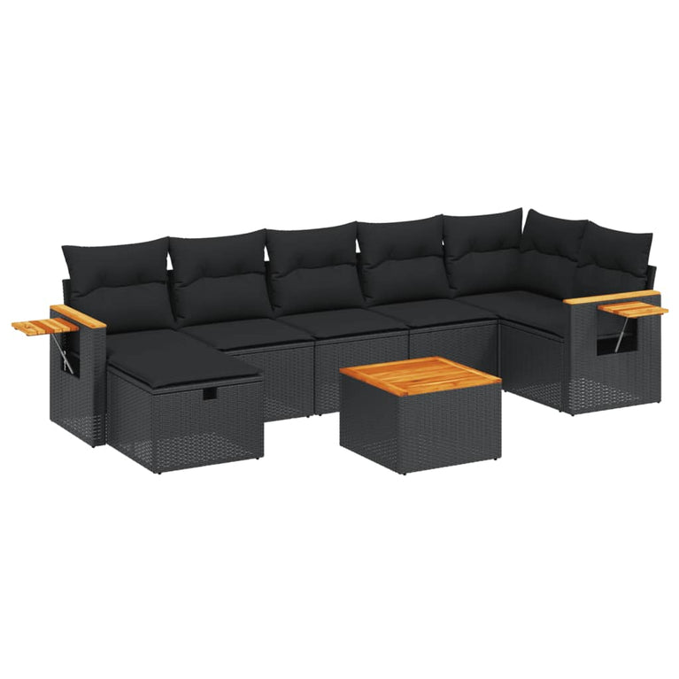 8-delige Loungeset met kussens poly rattan zwart