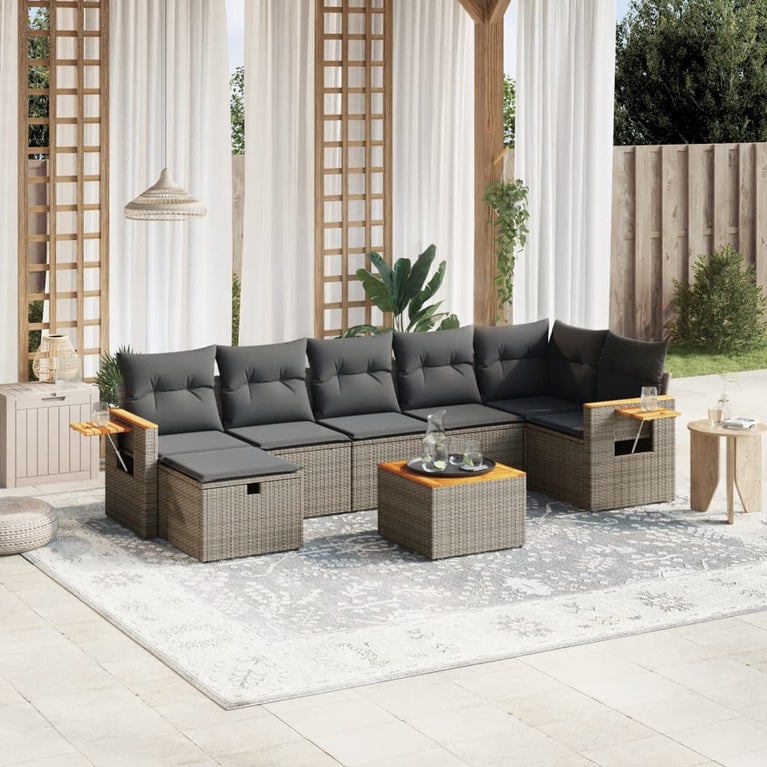 8-delige Loungeset met kussens poly rattan grijs