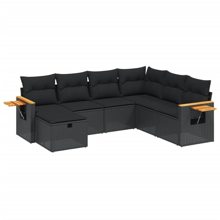 7-delige Loungeset met kussens poly rattan zwart