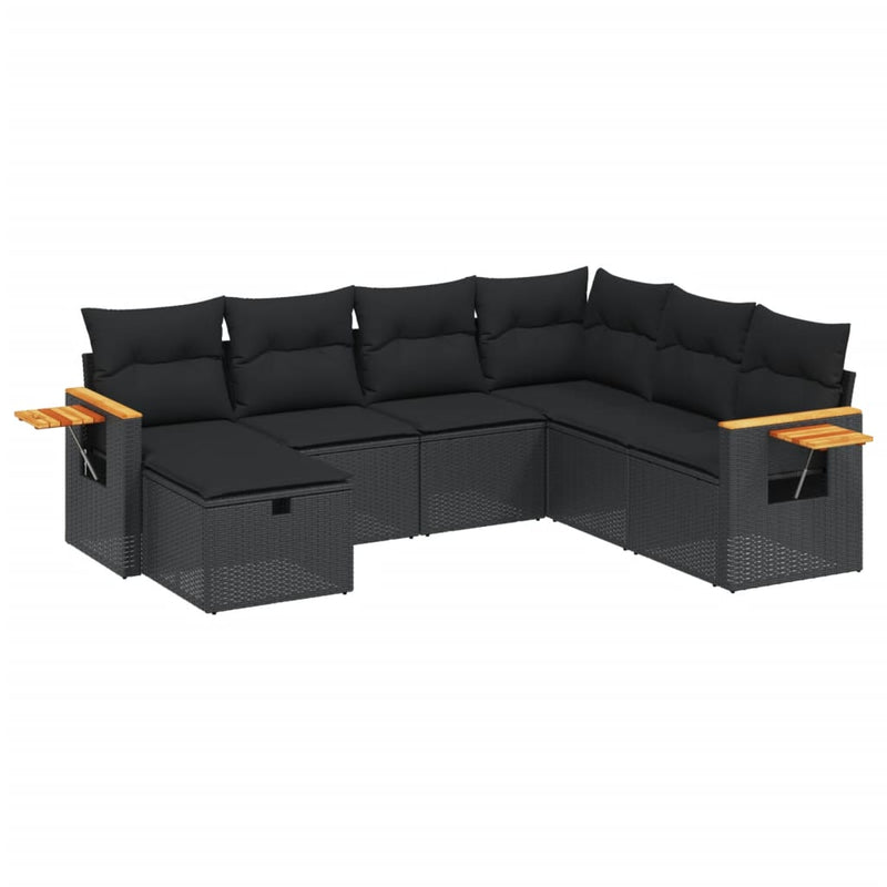 7-delige Loungeset met kussens poly rattan zwart