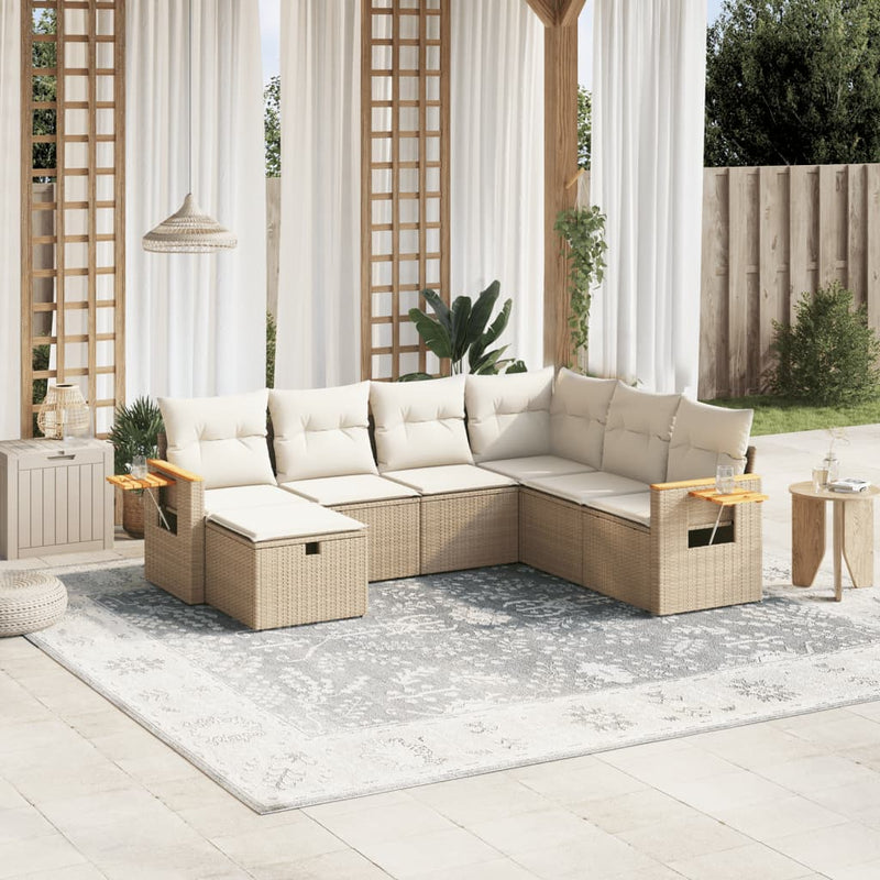 7-delige Loungeset met kussens poly rattan beige