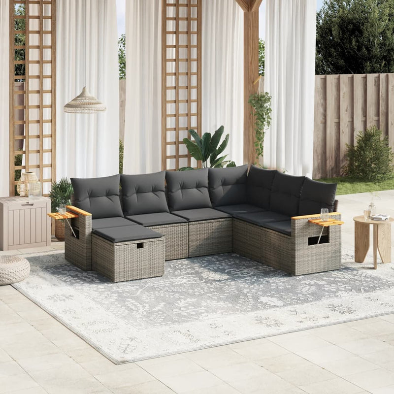 7-delige Loungeset met kussens poly rattan grijs