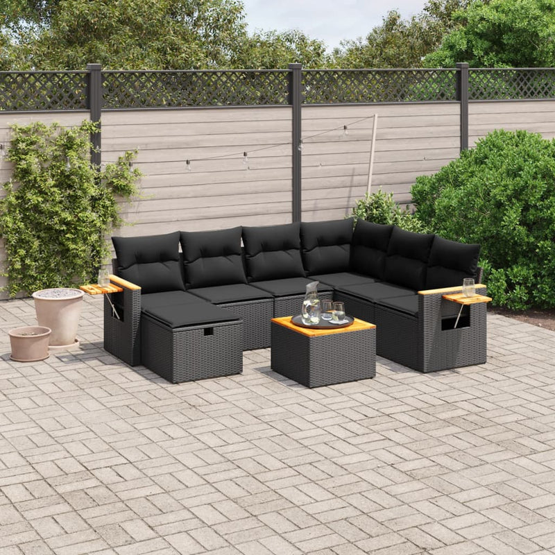 8-delige Loungeset met kussens poly rattan zwart