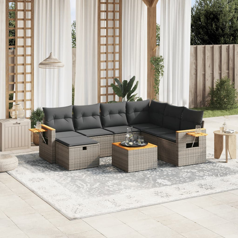 8-delige Loungeset met kussens poly rattan grijs