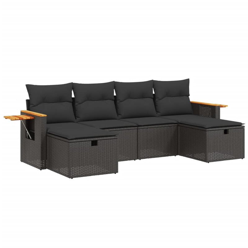 6-delige Loungeset met kussens poly rattan zwart