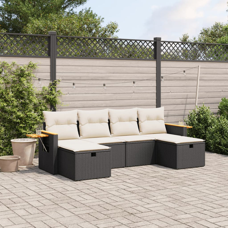 6-delige Loungeset met kussens poly rattan zwart
