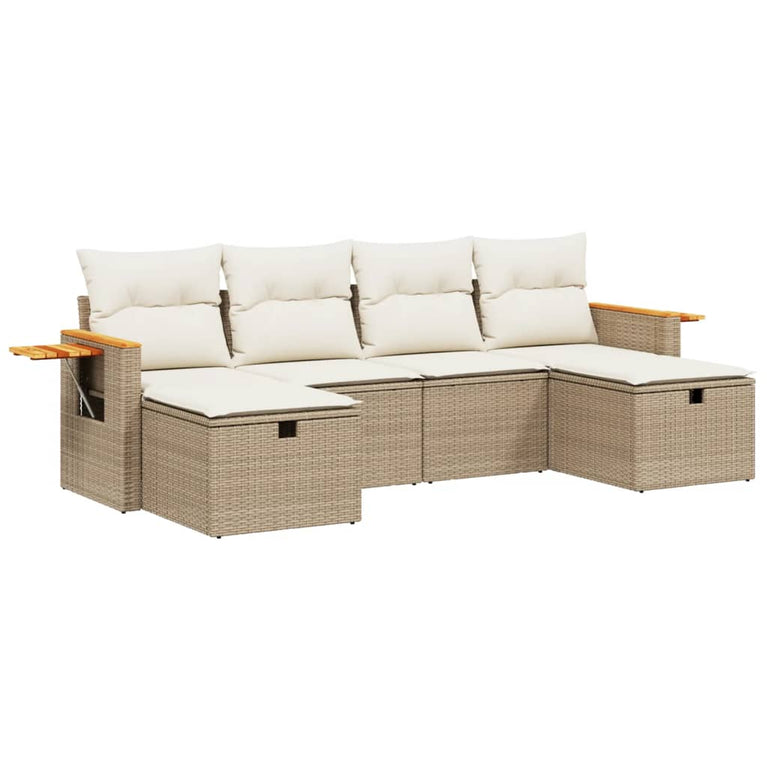 6-delige Loungeset met kussens poly rattan beige
