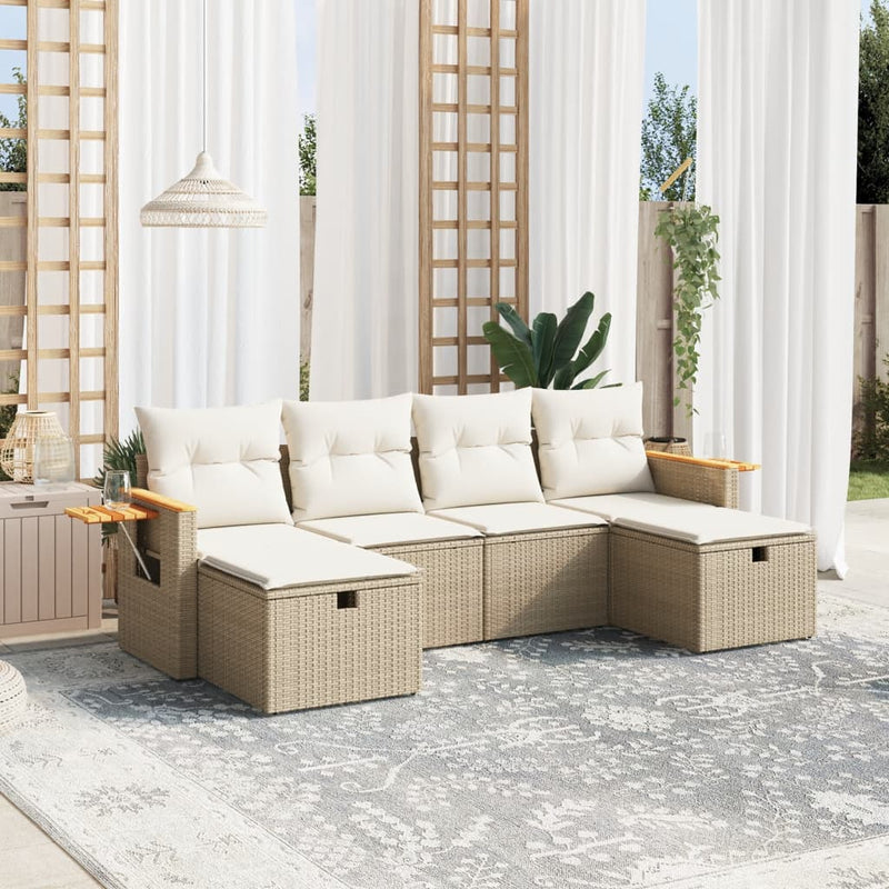6-delige Loungeset met kussens poly rattan beige