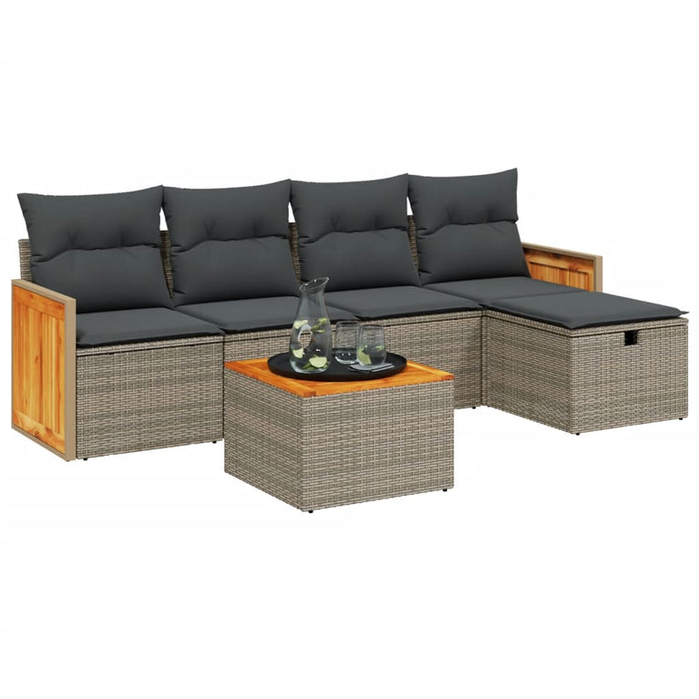 6-delige Loungeset met kussens poly rattan grijs