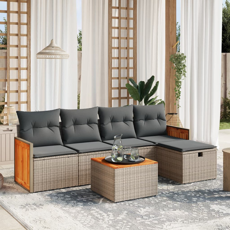 6-delige Loungeset met kussens poly rattan grijs