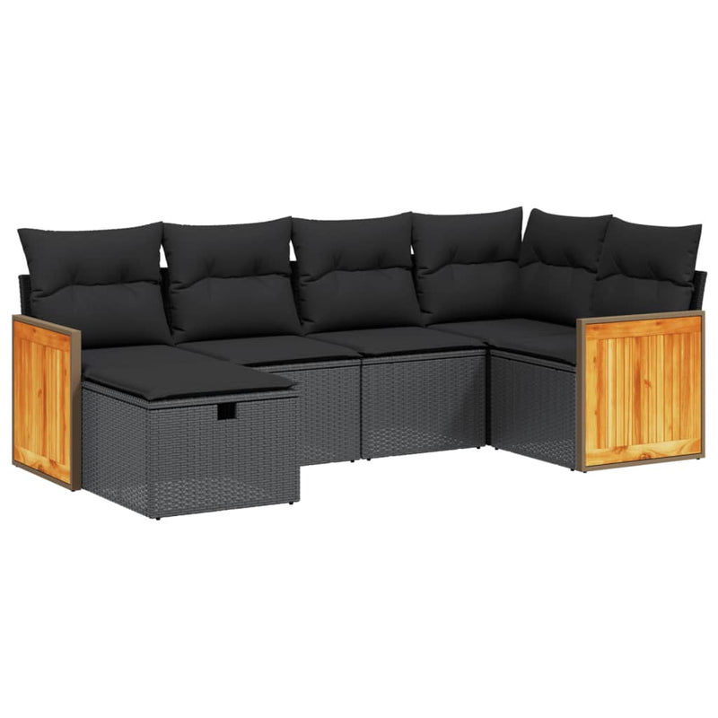 6-delige Loungeset met kussens poly rattan zwart