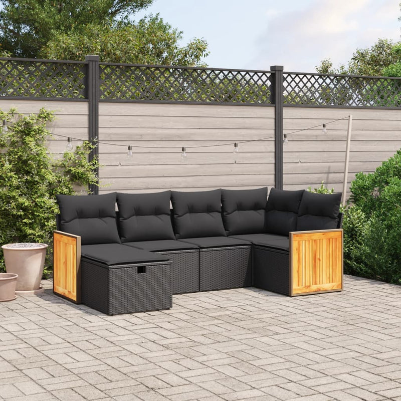 6-delige Loungeset met kussens poly rattan zwart