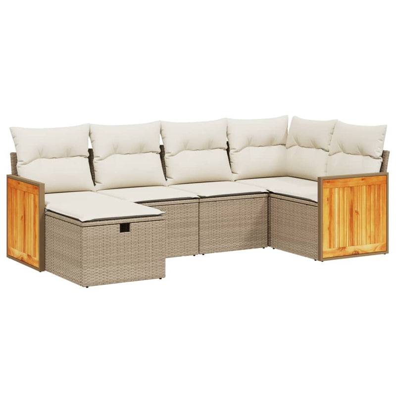 6-delige Loungeset met kussens poly rattan beige