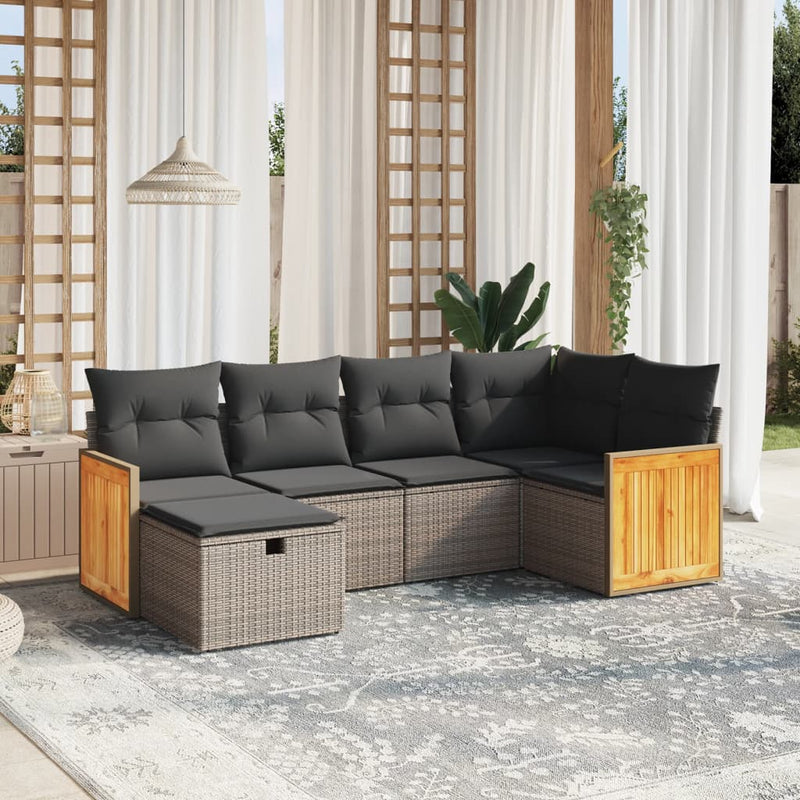 6-delige Loungeset met kussens poly rattan grijs