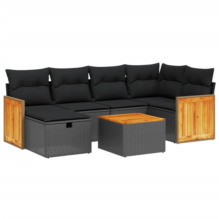 7-delige Loungeset met kussens poly rattan zwart
