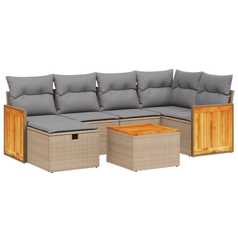 7-delige Loungeset met kussens poly rattan gemengd beige
