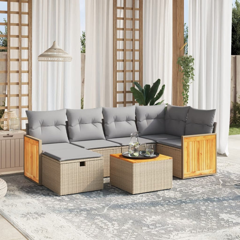 7-delige Loungeset met kussens poly rattan gemengd beige
