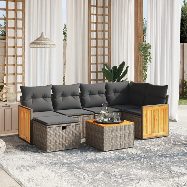 7-delige Loungeset met kussens poly rattan grijs