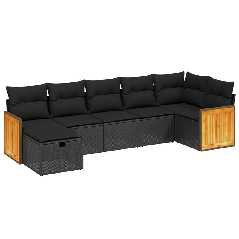 7-delige Loungeset met kussens poly rattan zwart