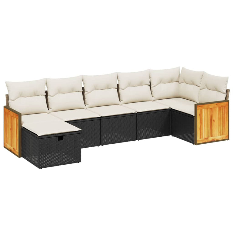 7-delige Loungeset met kussens poly rattan zwart