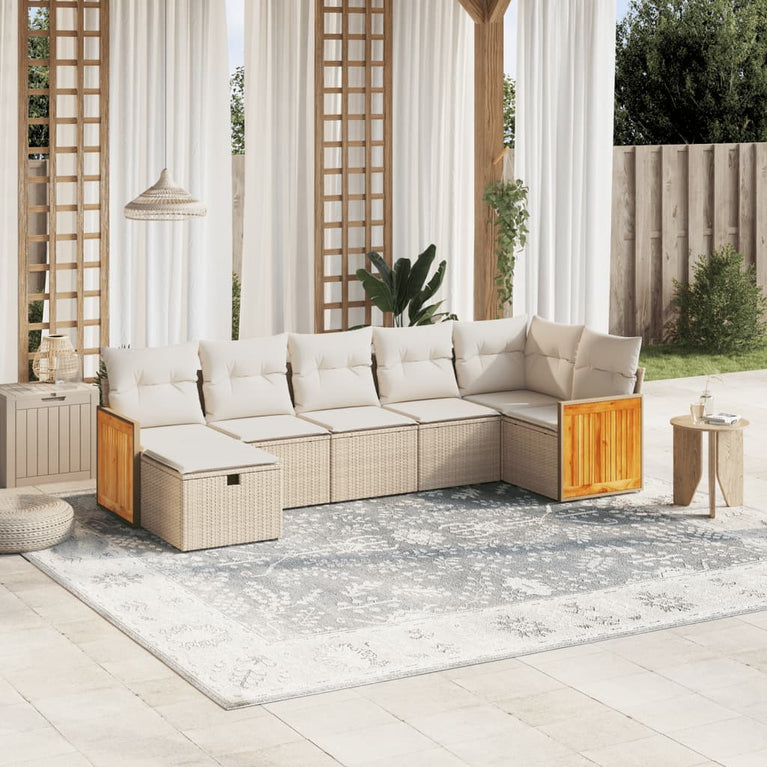 7-delige Loungeset met kussens poly rattan beige