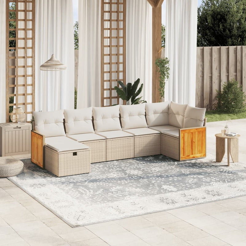 7-delige Loungeset met kussens poly rattan beige