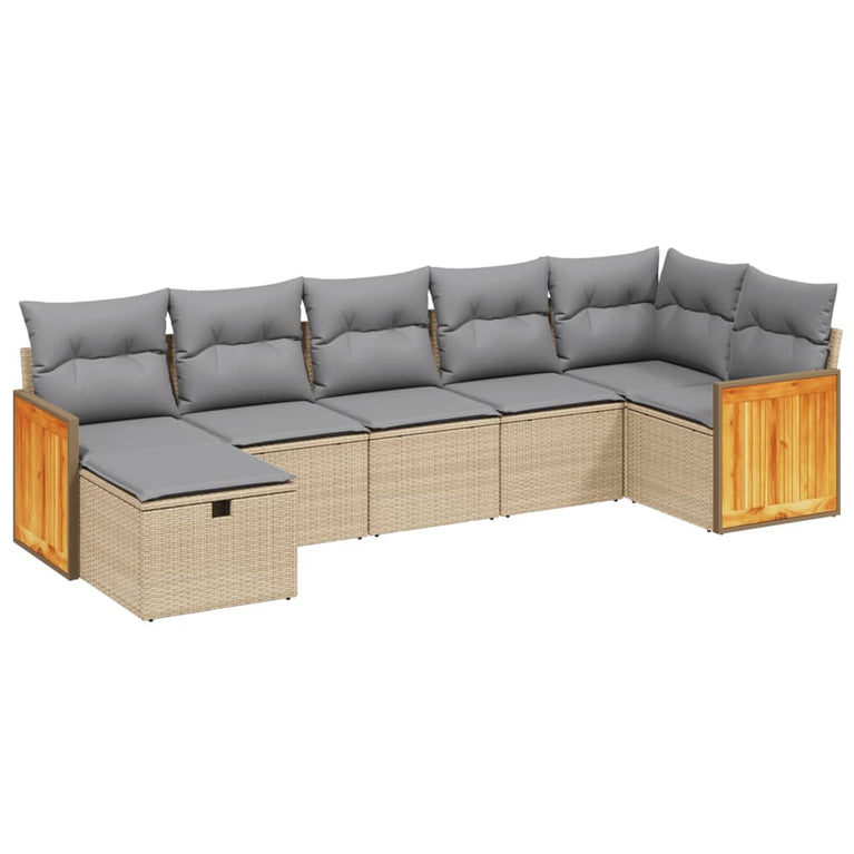 7-delige Loungeset met kussens poly rattan gemengd beige