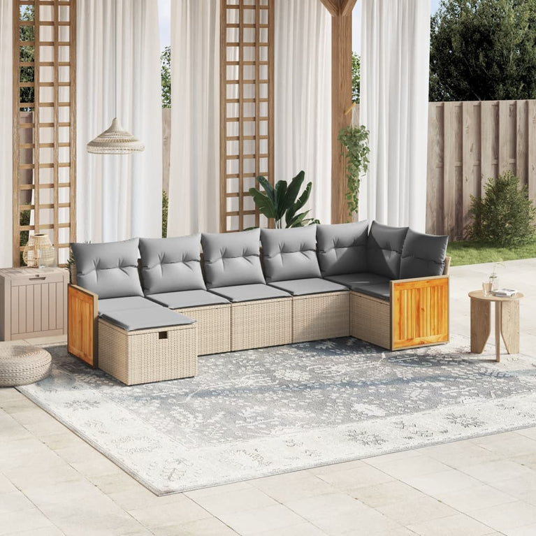 7-delige Loungeset met kussens poly rattan gemengd beige