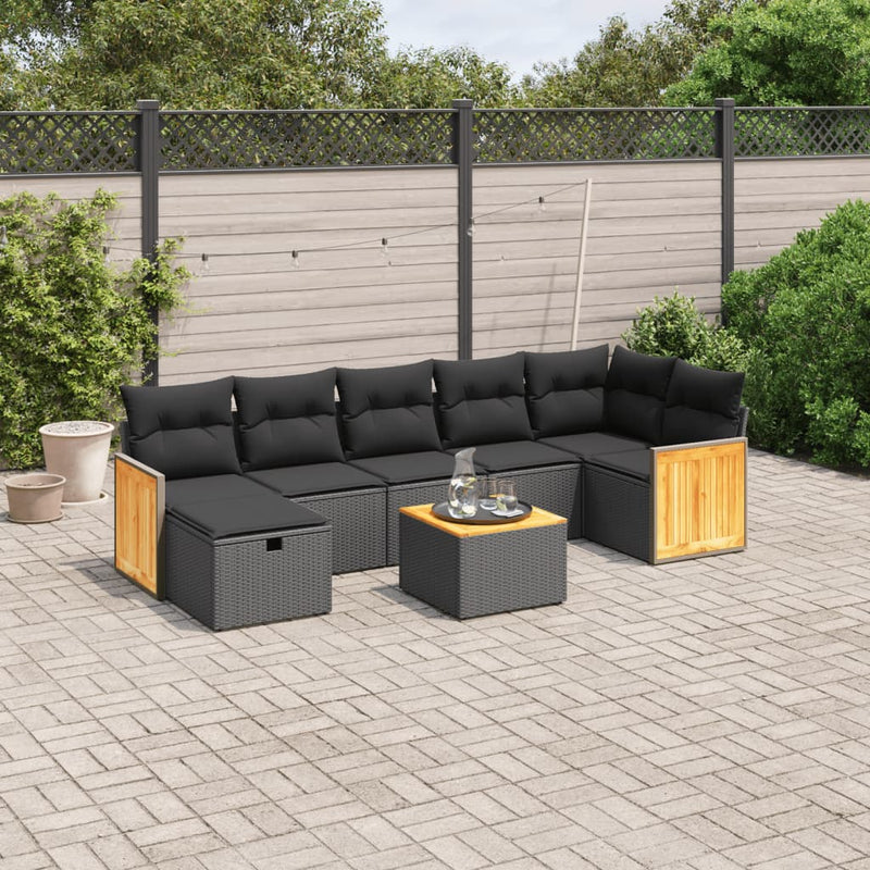 8-delige Loungeset met kussens poly rattan zwart