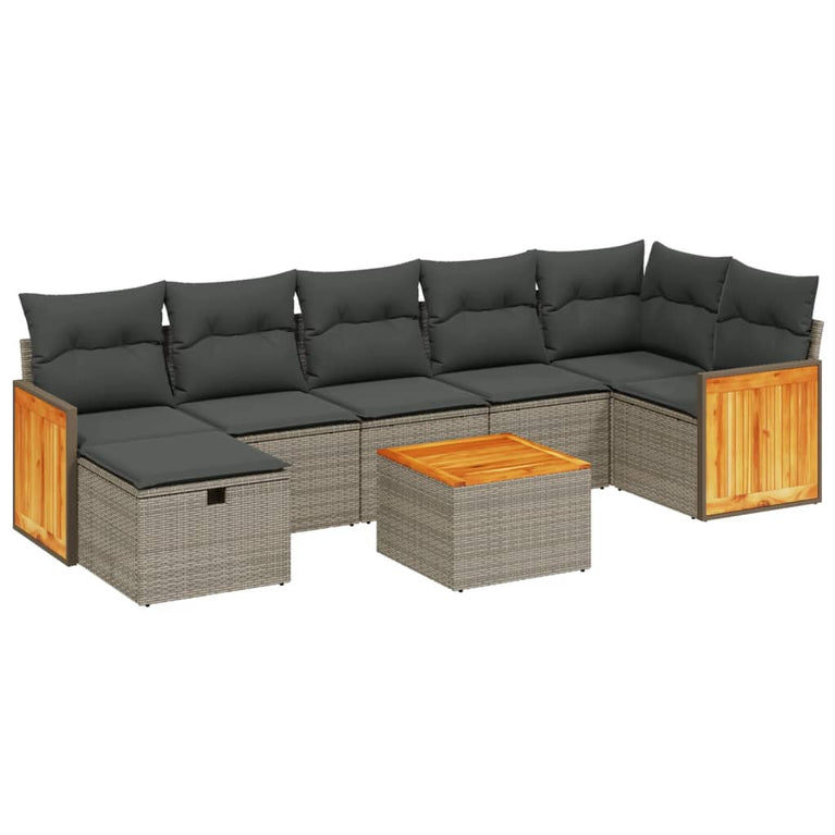 8-delige Loungeset met kussens poly rattan grijs