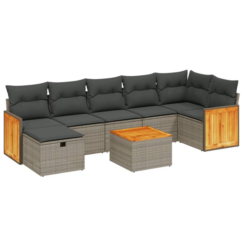 8-delige Loungeset met kussens poly rattan grijs