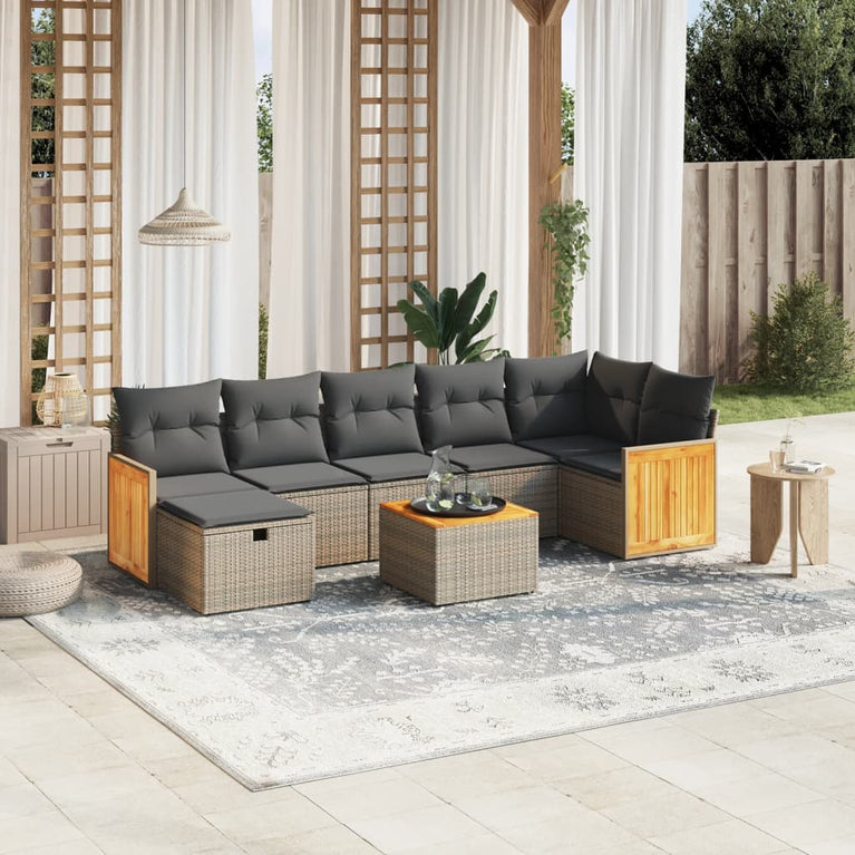 8-delige Loungeset met kussens poly rattan grijs
