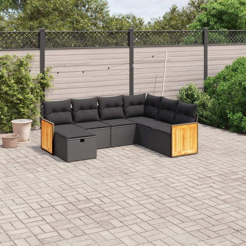 7-delige Loungeset met kussens poly rattan zwart