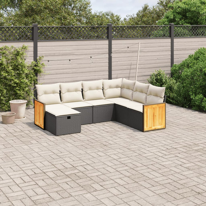 7-delige Loungeset met kussens poly rattan zwart
